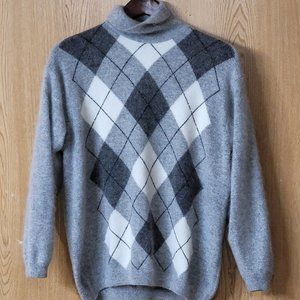 Vintage Lands' End Grey Argyle Sweater Med 50% Lambswool 40% Angora Turt…
